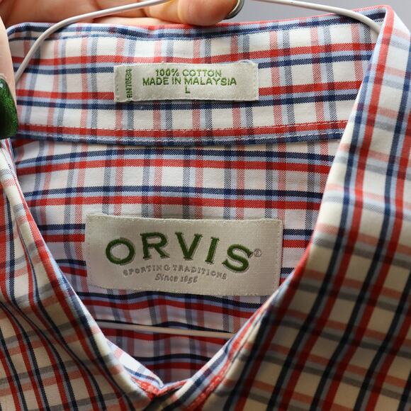 Orvis Men’s Plaid Button Down Shirt Large Red Blue White Cotton Classic Fit - Picture 3 of 3